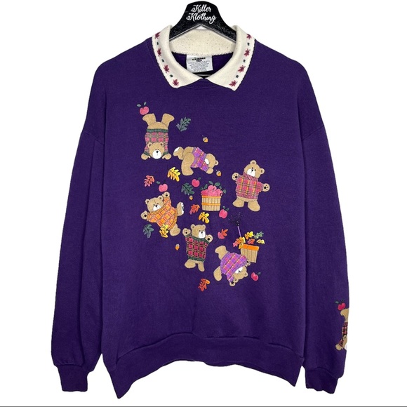 Vintage Tops - Vintage Fall Teddy Bears Collared Sweatshirt